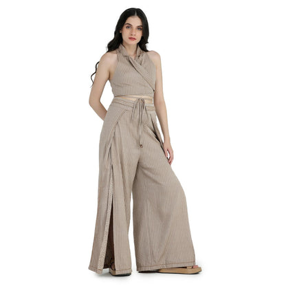 Pinnacle By Shruti Sancheti Beige Khadi and Jacket with Top, Slit Pant (Set of 3)