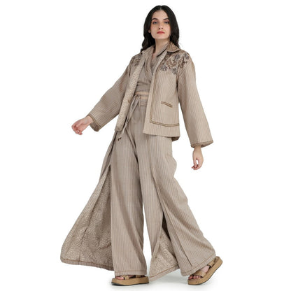 Pinnacle By Shruti Sancheti Beige Khadi and Jacket with Top, Slit Pant (Set of 3)