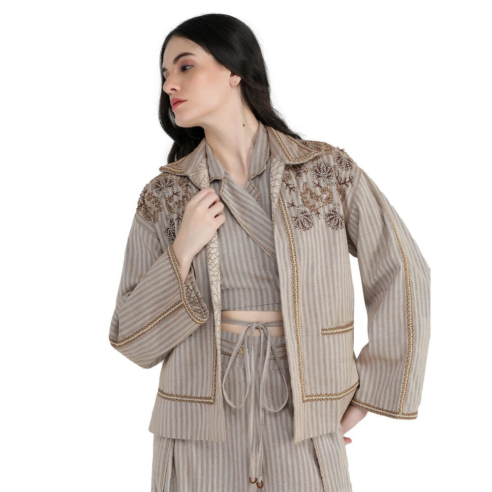 Pinnacle By Shruti Sancheti Beige Khadi and Jacket with Top, Slit Pant (Set of 3)