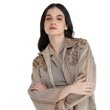 Pinnacle By Shruti Sancheti Beige Khadi and Jacket with Top, Slit Pant (Set of 3)