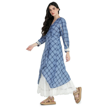 Pinnacle By Shruti Sancheti Blue Check and Schiffli Layered Dress
