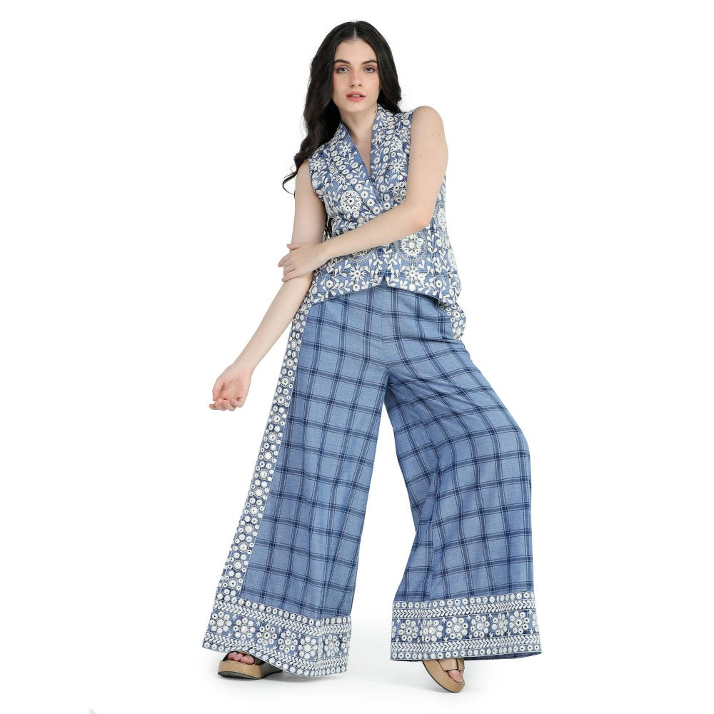 Pinnacle By Shruti Sancheti Blue Checks Embroidered Waist Coat