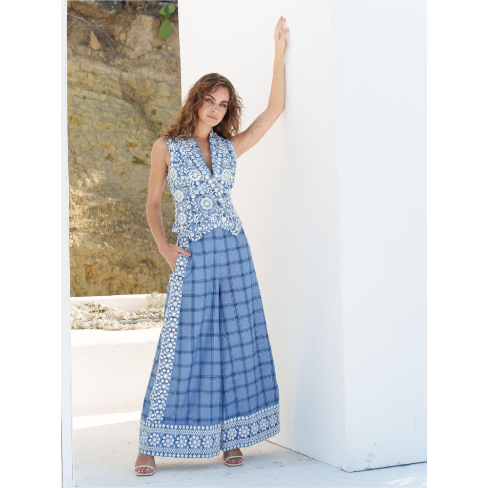 Pinnacle By Shruti Sancheti Blue Checks Embroidered Palazzo