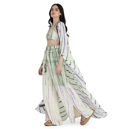 Pinnacle By Shruti Sancheti Bone Crepe Tie and Dye Kimono Throw with Bustier and Pant