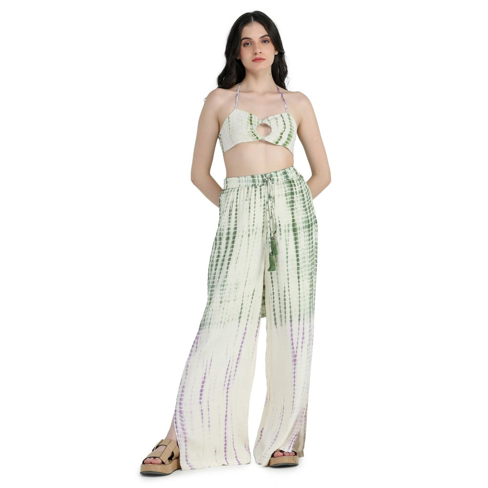 Pinnacle By Shruti Sancheti Bone Crepe Tie and Dye Kimono Throw with Bustier and Pant