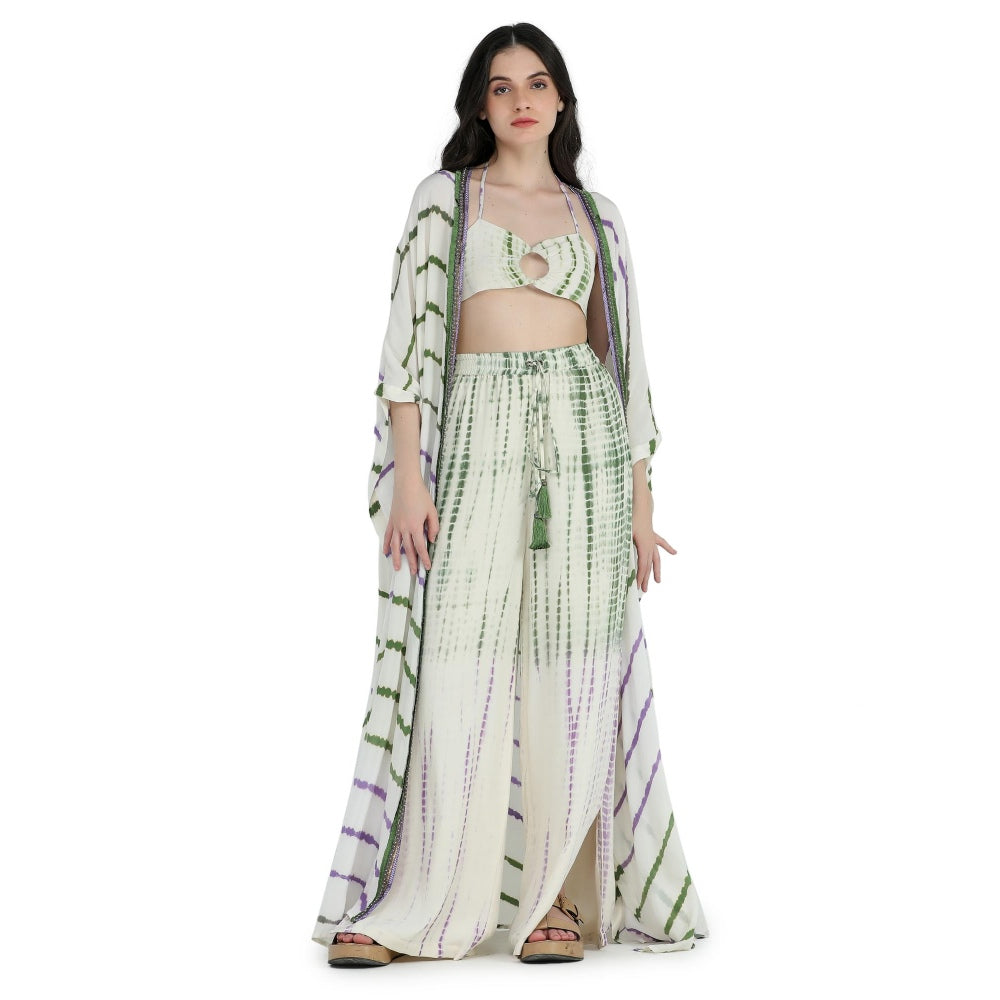 Pinnacle By Shruti Sancheti Bone Crepe Tie and Dye Kimono Throw with Bustier and Pant
