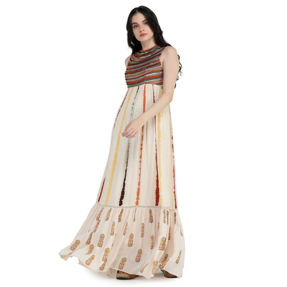 Pinnacle By Shruti Sancheti Bone Crepe Tie and Dye Embroidered Maxi Dress