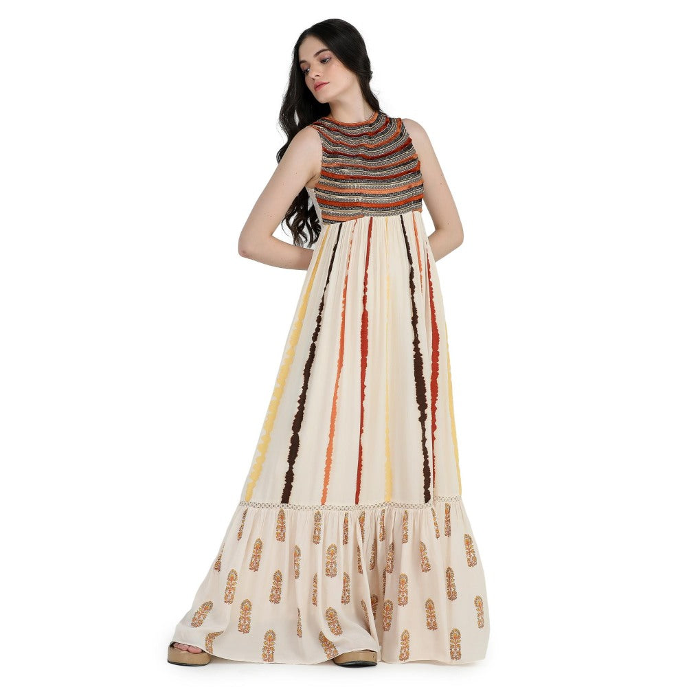 Pinnacle By Shruti Sancheti Bone Crepe Tie and Dye Embroidered Maxi Dress