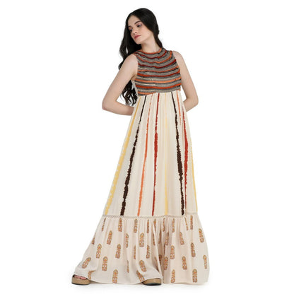 Pinnacle By Shruti Sancheti Bone Crepe Tie and Dye Embroidered Maxi Dress