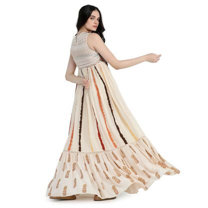 Pinnacle By Shruti Sancheti Bone Crepe Tie and Dye Embroidered Maxi Dress