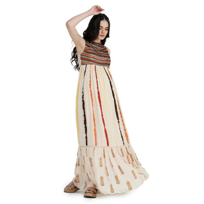Pinnacle By Shruti Sancheti Bone Crepe Tie and Dye Embroidered Maxi Dress