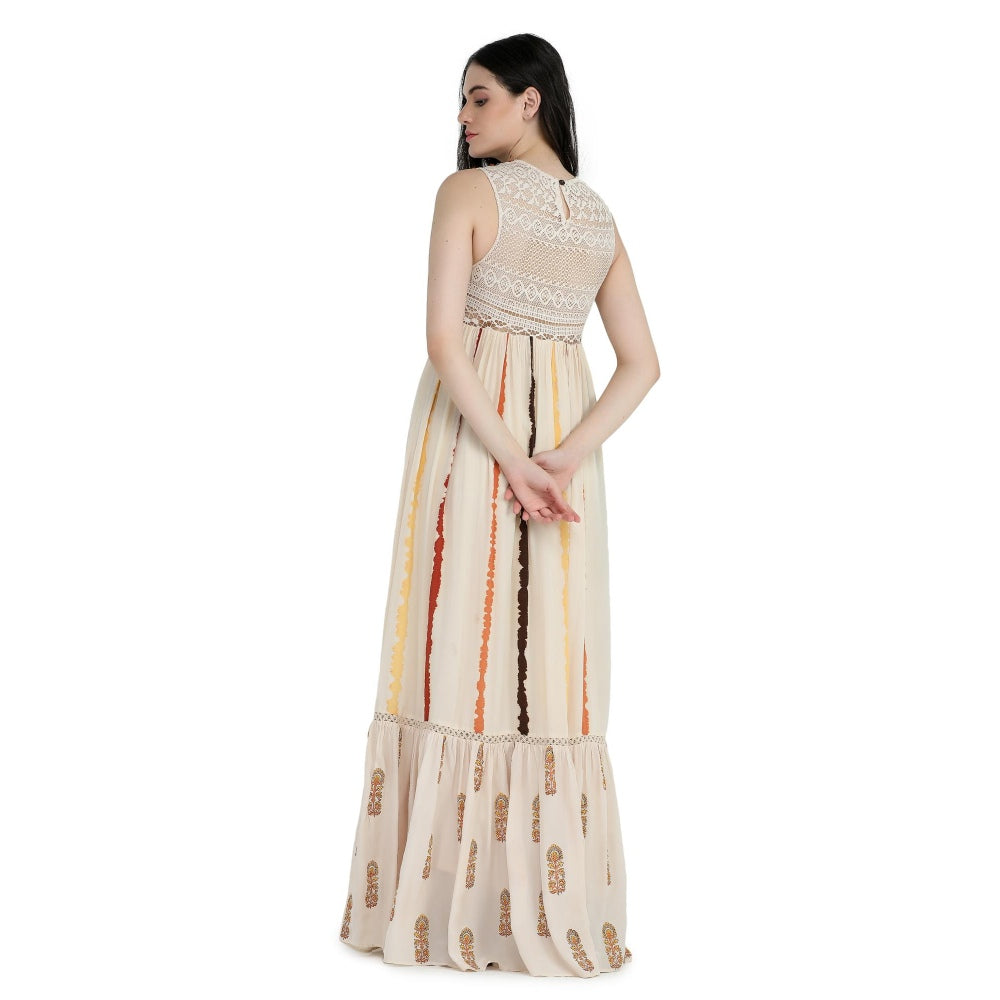 Pinnacle By Shruti Sancheti Bone Crepe Tie and Dye Embroidered Maxi Dress