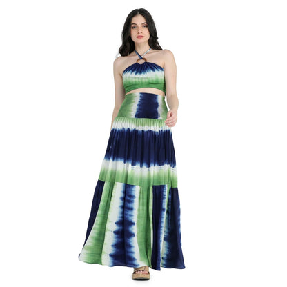 Pinnacle By Shruti Sancheti Multi-Color Tie & Dye Crepe Crop Top with Tiered Skirt (Set of 2)