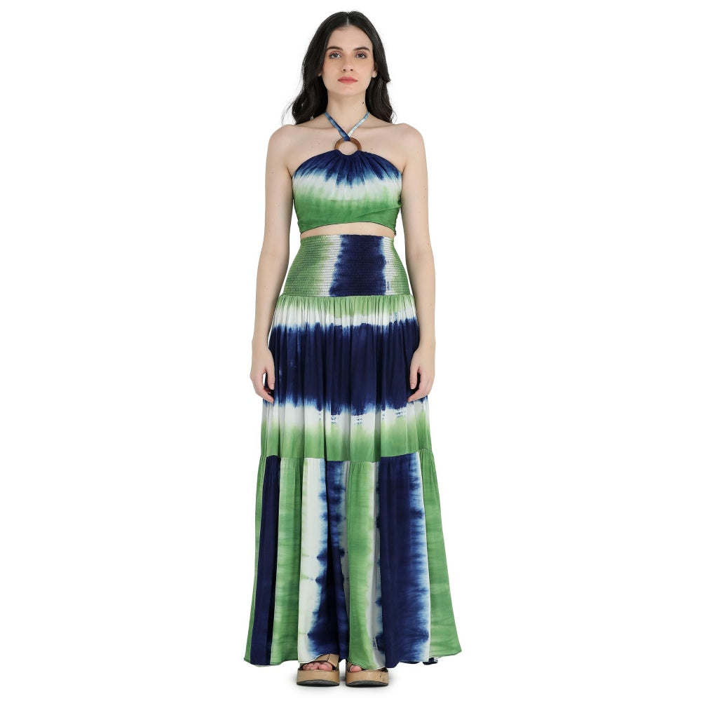Pinnacle By Shruti Sancheti Multi-Color Tie & Dye Crepe Crop Top with Tiered Skirt (Set of 2)