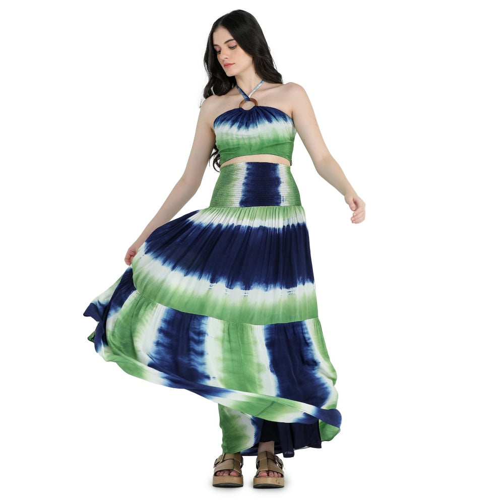 Pinnacle By Shruti Sancheti Multi-Color Tie & Dye Crepe Crop Top with Tiered Skirt (Set of 2)