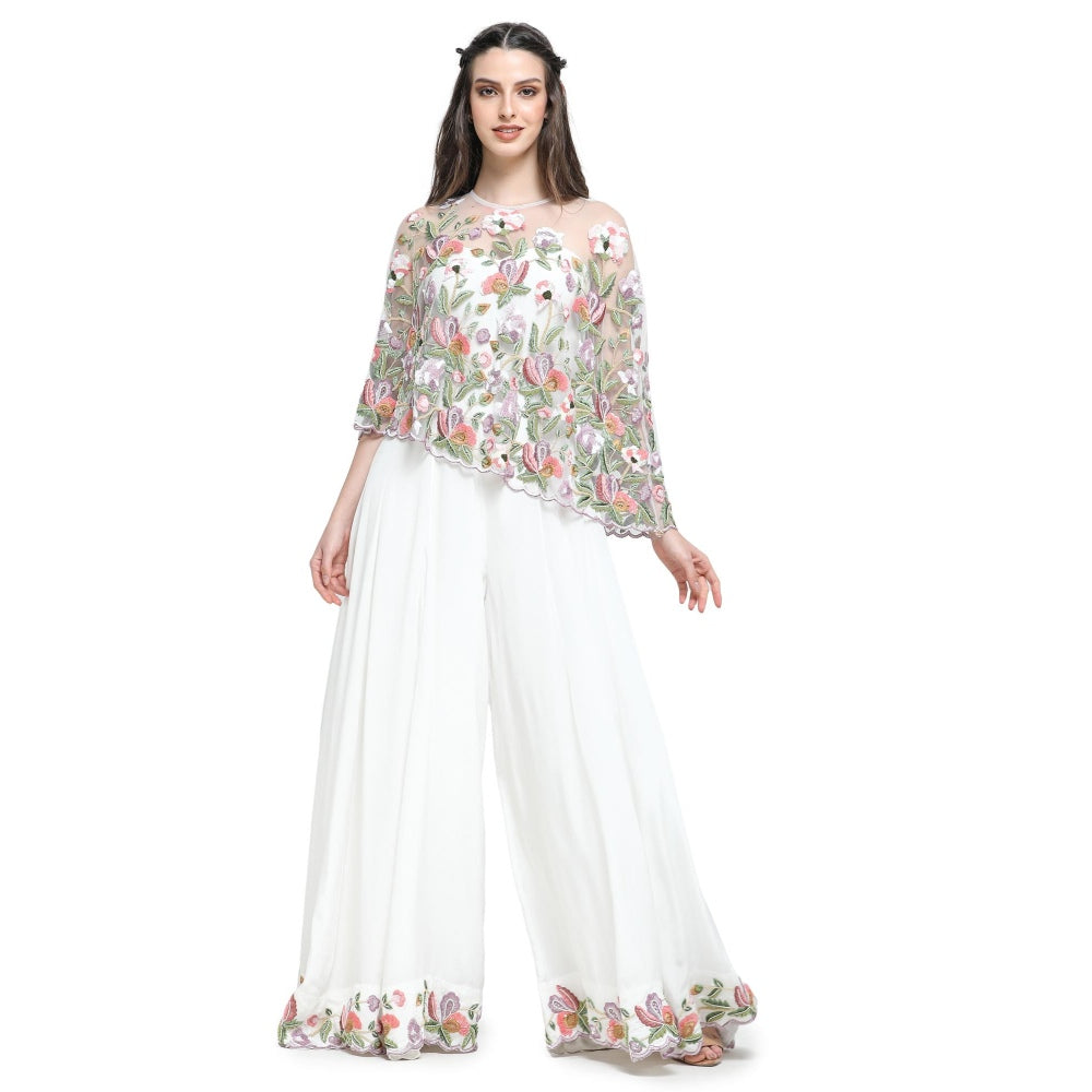 Pinnacle By Shruti Sancheti White Embroidered Cape with Jumpsuit (Set of 2)