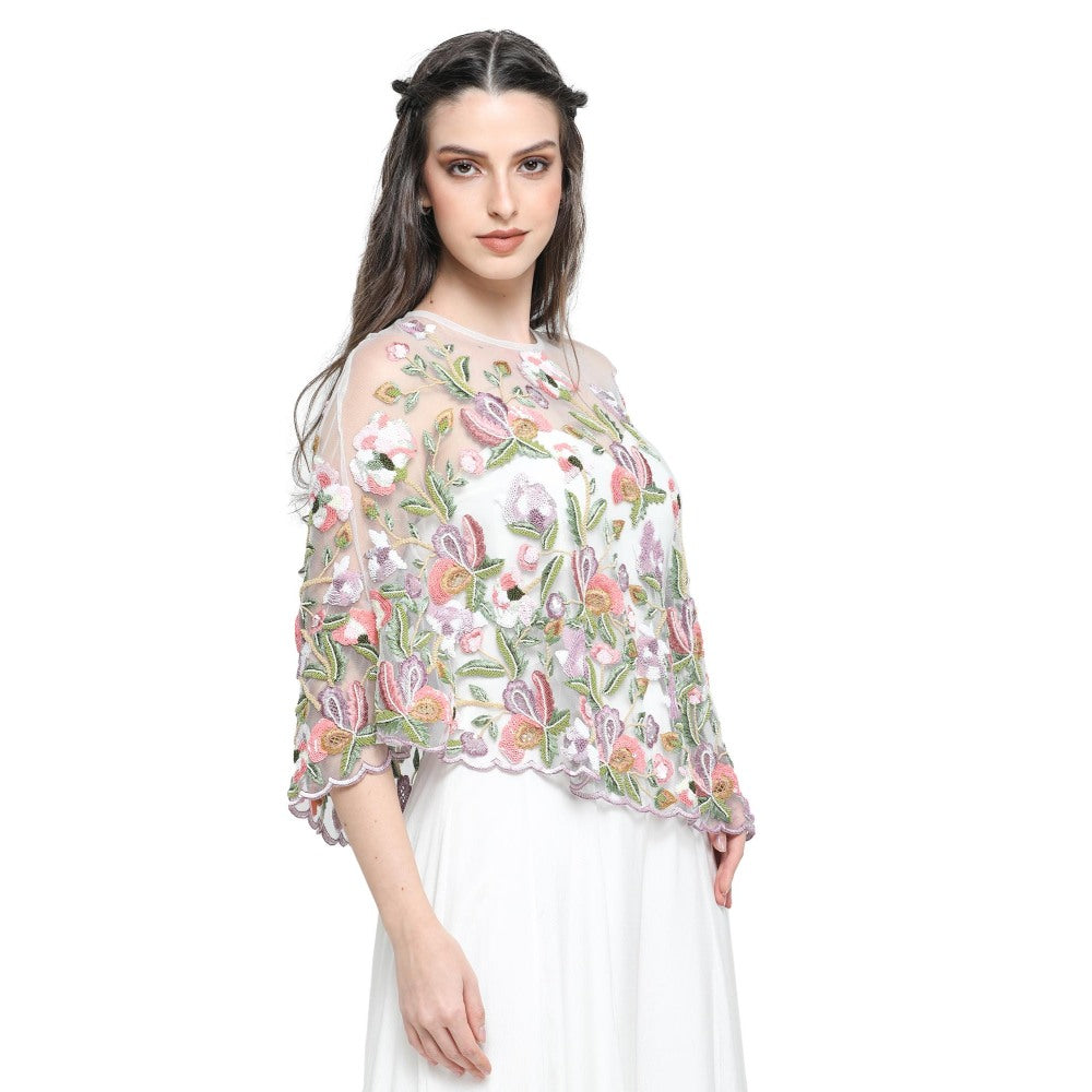 Pinnacle By Shruti Sancheti White Embroidered Cape with Jumpsuit (Set of 2)