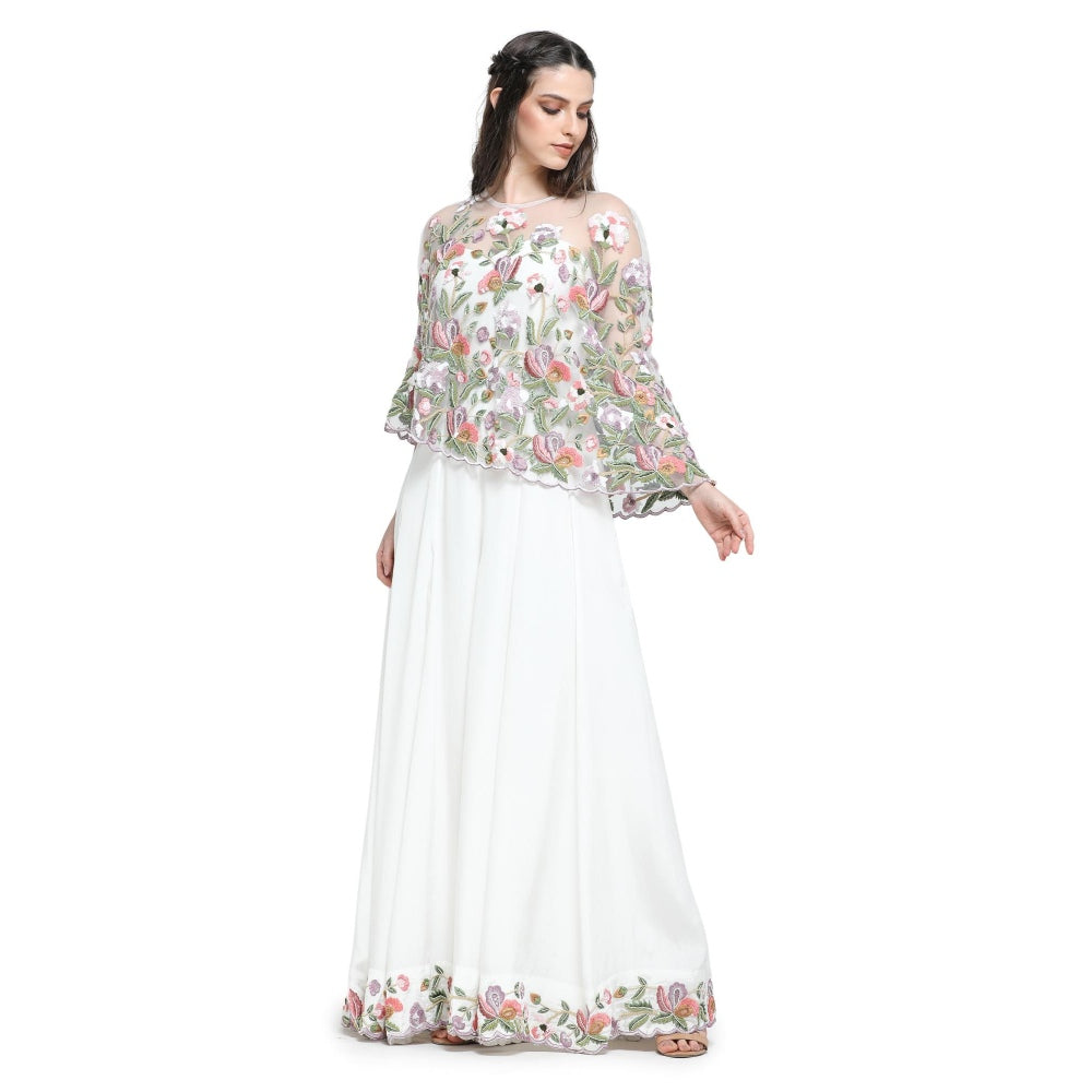 Pinnacle By Shruti Sancheti White Embroidered Cape with Jumpsuit (Set of 2)
