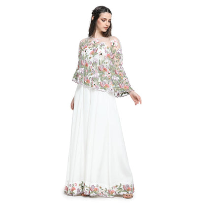 Pinnacle By Shruti Sancheti White Embroidered Cape with Jumpsuit (Set of 2)