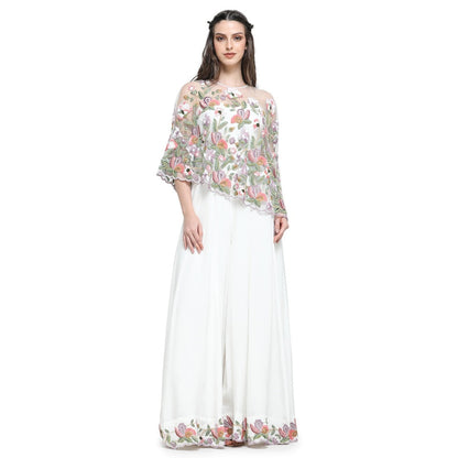 Pinnacle By Shruti Sancheti White Embroidered Cape with Jumpsuit (Set of 2)