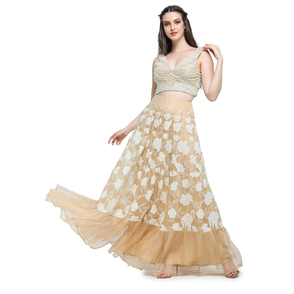 Pinnacle By Shruti Sancheti Beige Applique Work Skirt with Pearl Embroidered Top (Set of 2)