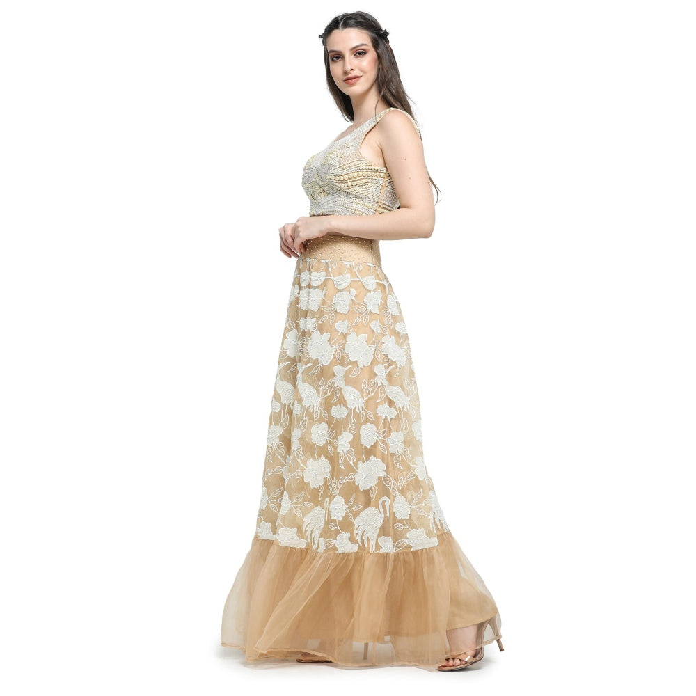 Pinnacle By Shruti Sancheti Beige Applique Work Skirt with Pearl Embroidered Top (Set of 2)