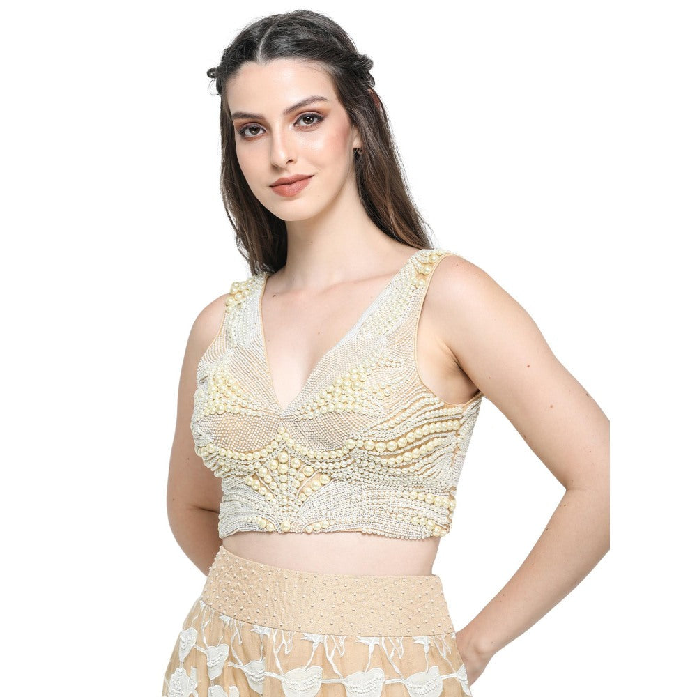 Pinnacle By Shruti Sancheti Beige Applique Work Skirt with Pearl Embroidered Top (Set of 2)