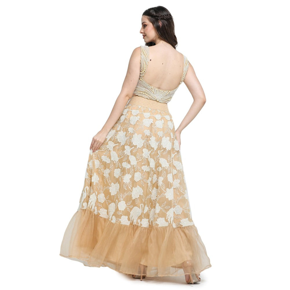Pinnacle By Shruti Sancheti Beige Applique Work Skirt with Pearl Embroidered Top (Set of 2)
