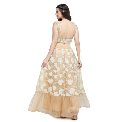 Pinnacle By Shruti Sancheti Beige Applique Work Skirt with Pearl Embroidered Top (Set of 2)