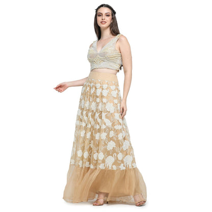 Pinnacle By Shruti Sancheti Beige Applique Work Skirt with Pearl Embroidered Top (Set of 2)