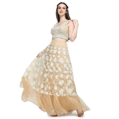 Pinnacle By Shruti Sancheti Beige Applique Work Skirt with Pearl Embroidered Top (Set of 2)