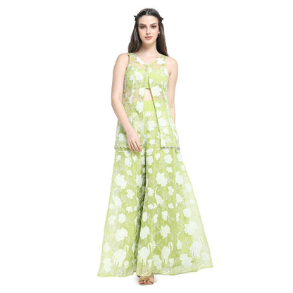 Pinnacle By Shruti Sancheti Green Applique Jacket with Crop Top and Kali Palazzo (Set of 3)