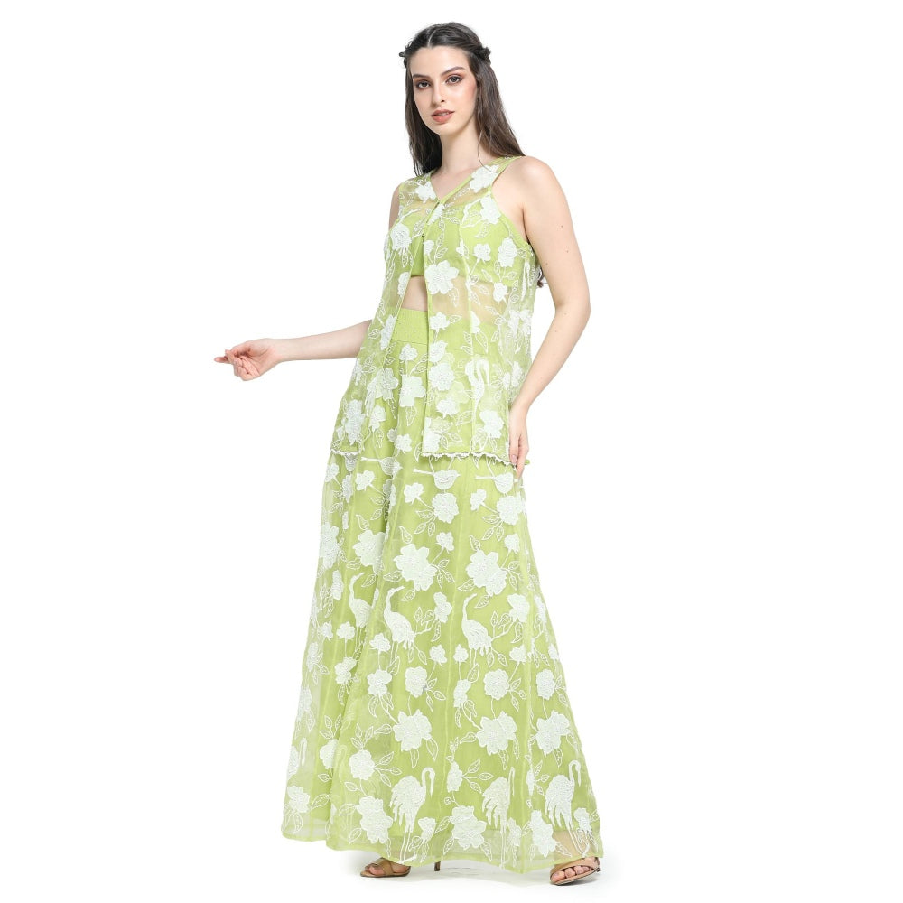 Pinnacle By Shruti Sancheti Green Applique Jacket with Crop Top and Kali Palazzo (Set of 3)