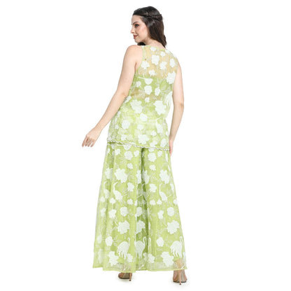 Pinnacle By Shruti Sancheti Green Applique Jacket with Crop Top and Kali Palazzo (Set of 3)