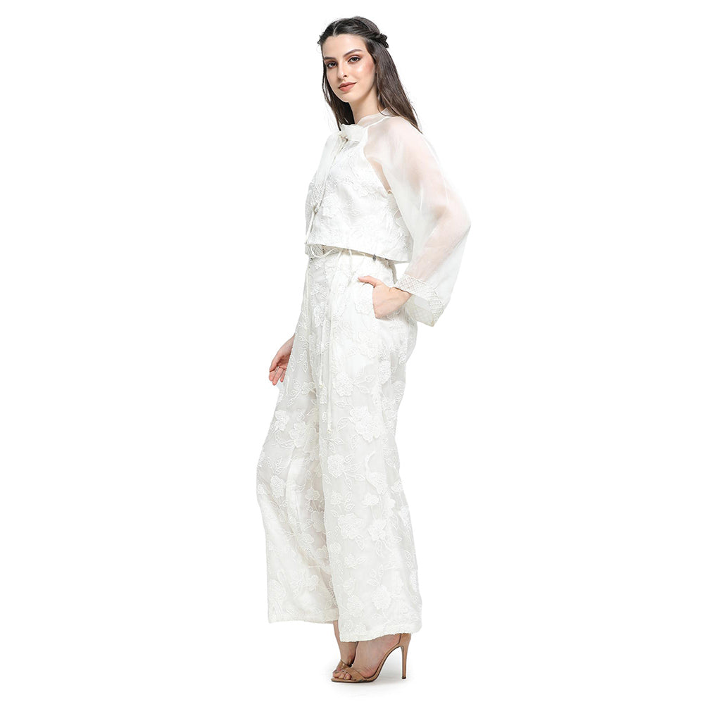 Pinnacle By Shruti Sancheti White Applique Embroidery Tie Up Top with Pant (Set of 2)