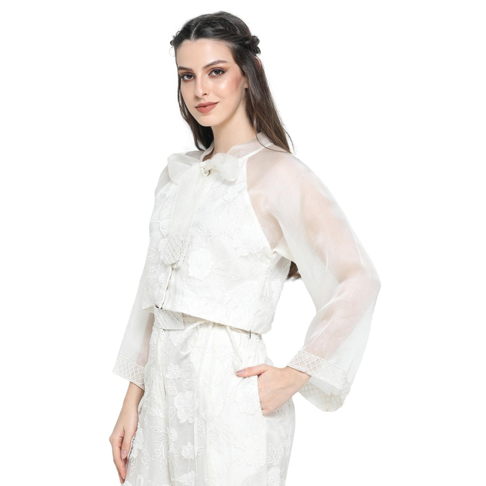 Pinnacle By Shruti Sancheti White Applique Embroidery Tie Up Top with Pant (Set of 2)