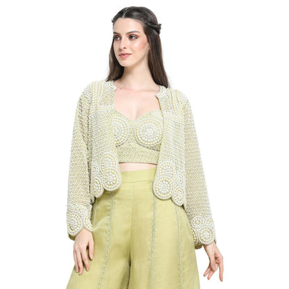 Pinnacle By Shruti Sancheti Green Embroidery Jacket with Bustier and Palazzo (Set of 3)