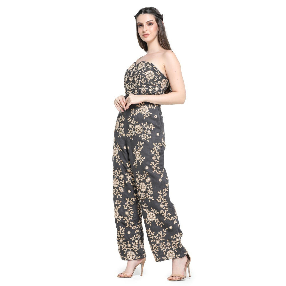 Pinnacle By Shruti Sancheti Charcoal Grey Embroidered Corset Top with Pant (Set of 2)