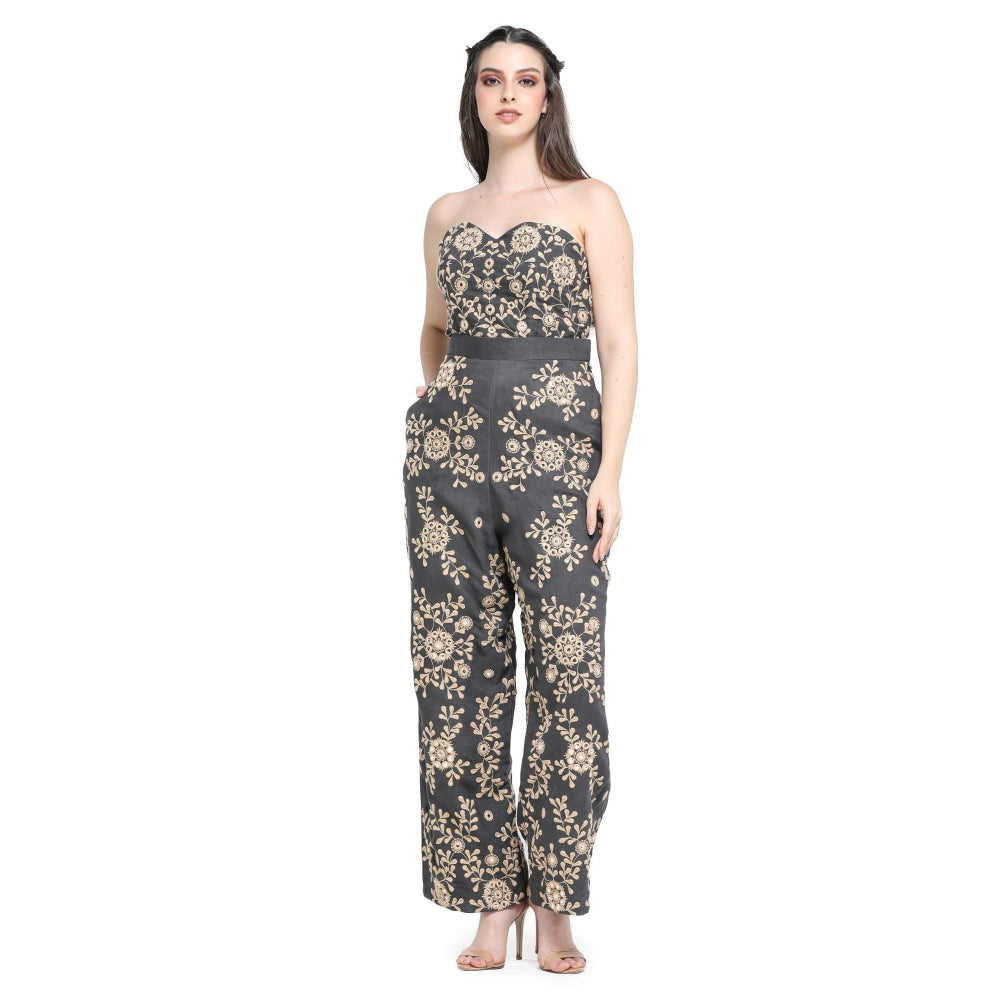 Pinnacle By Shruti Sancheti Charcoal Grey Embroidered Corset Top with Pant (Set of 2)
