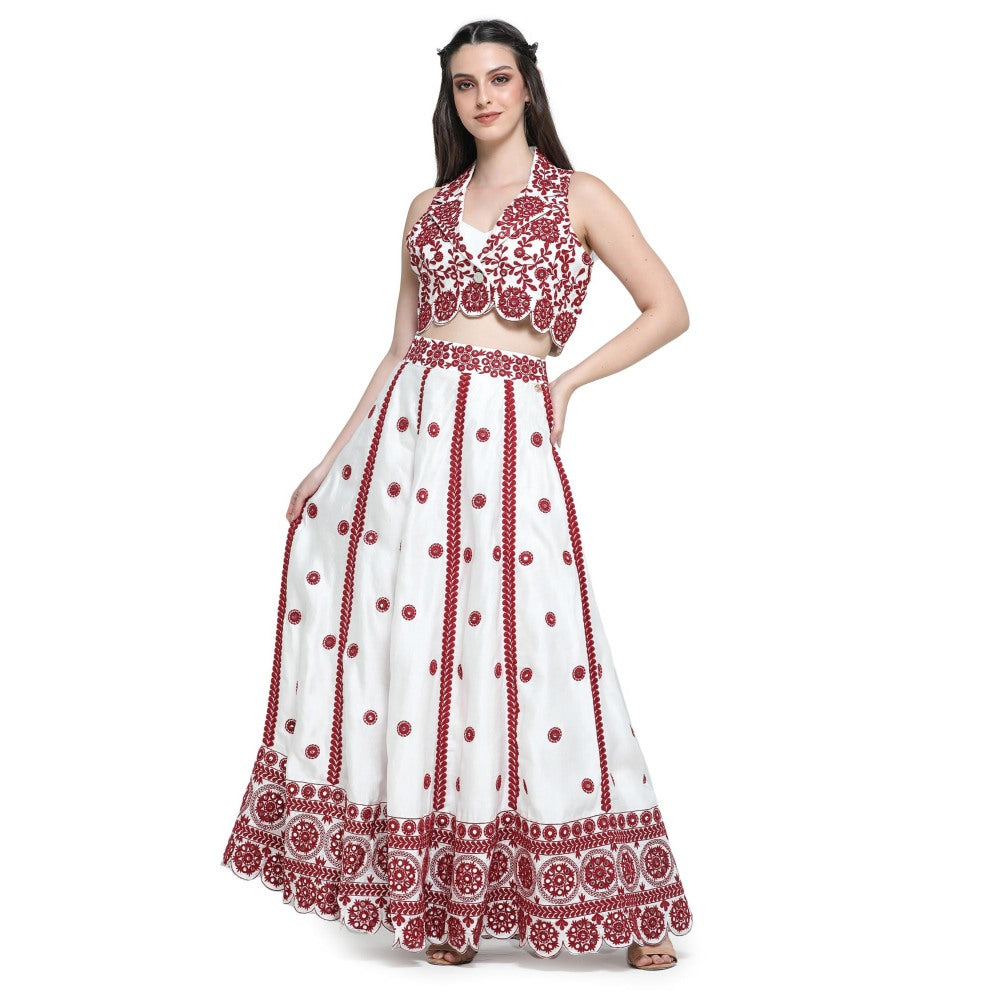 Pinnacle By Shruti Sancheti White Embroidered Crop Jacket with Bustier and Skirt (Set of 3)