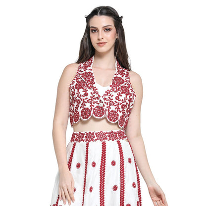 Pinnacle By Shruti Sancheti White Embroidered Crop Jacket with Bustier and Skirt (Set of 3)
