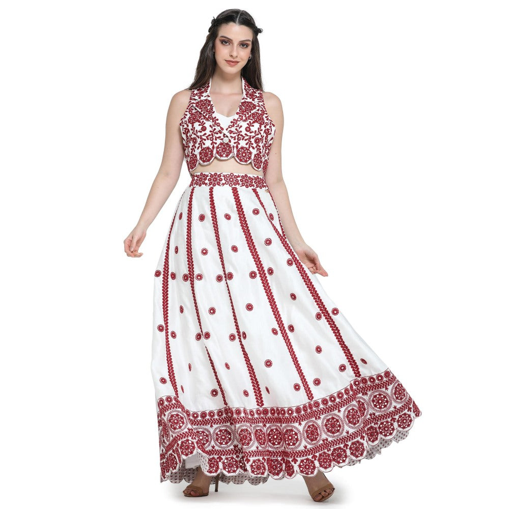 Pinnacle By Shruti Sancheti White Embroidered Crop Jacket with Bustier and Skirt (Set of 3)