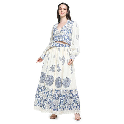 Pinnacle By Shruti Sancheti Bone Khadi Block Printed Top with Skirt (Set of 3)