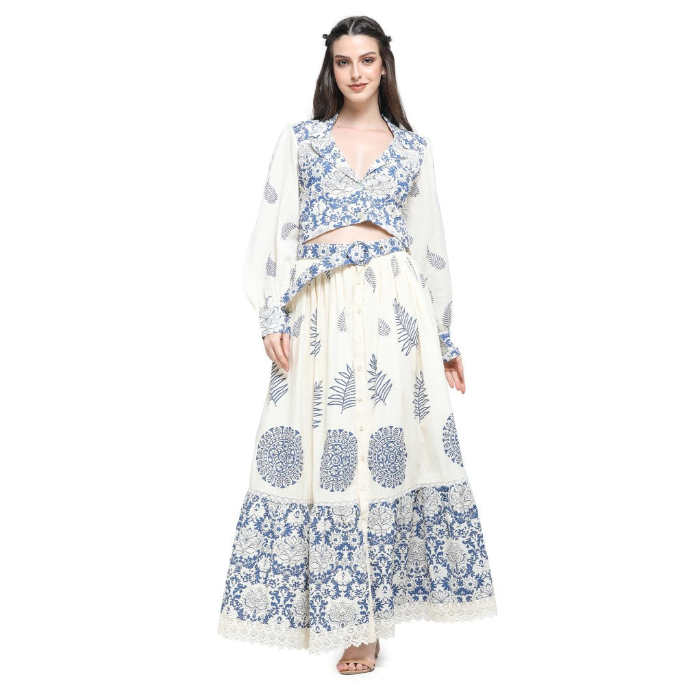 Pinnacle By Shruti Sancheti Bone Khadi Block Printed Top with Skirt (Set of 3)