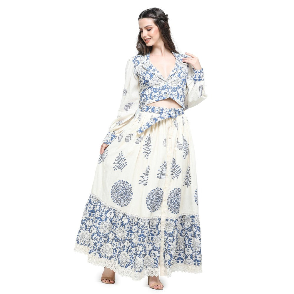 Pinnacle By Shruti Sancheti Bone Khadi Block Printed Top with Skirt (Set of 3)