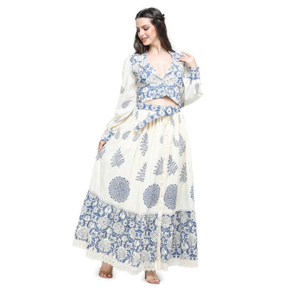 Pinnacle By Shruti Sancheti Bone Khadi Block Printed Top with Skirt (Set of 3)