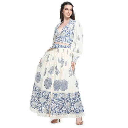 Pinnacle By Shruti Sancheti Bone Khadi Block Printed Top with Skirt (Set of 3)