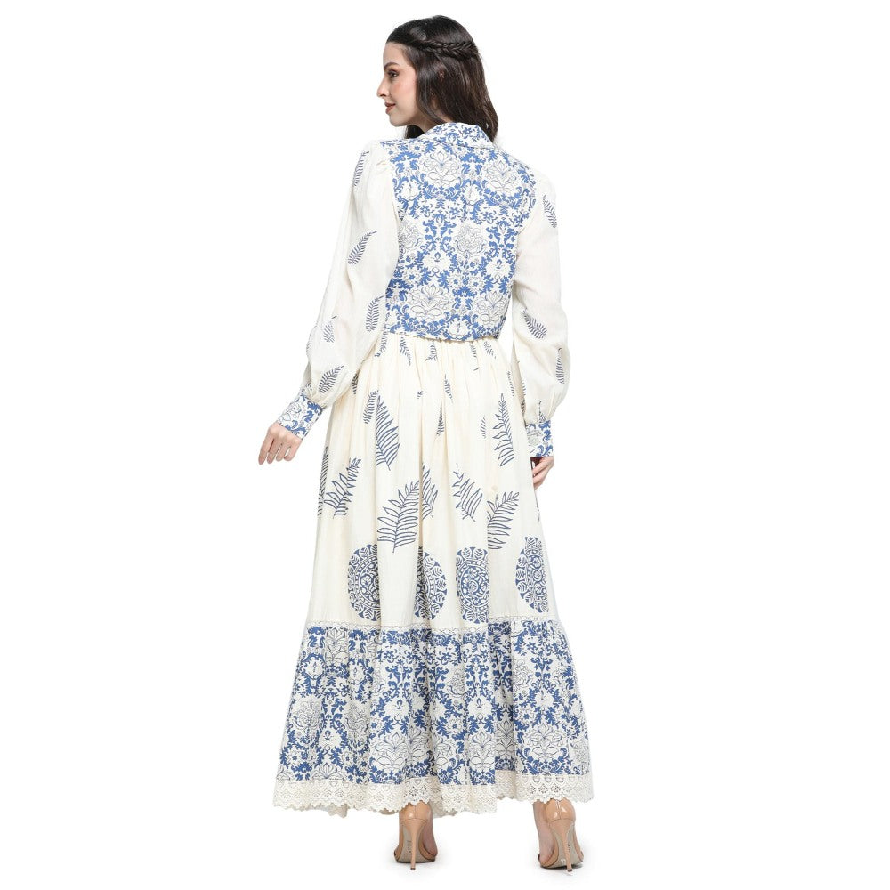 Pinnacle By Shruti Sancheti Bone Khadi Block Printed Top with Skirt (Set of 3)