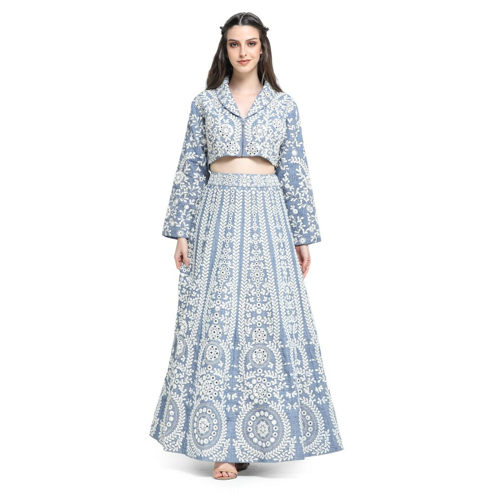 Pinnacle By Shruti Sancheti Blue Embroidered Skirt with Embroidered Crop Top (Set of 2)