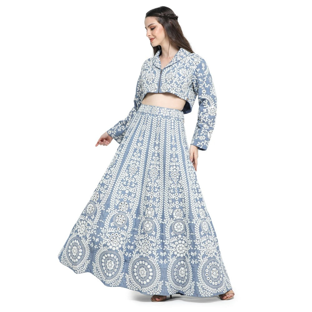Pinnacle By Shruti Sancheti Blue Embroidered Skirt with Embroidered Crop Top (Set of 2)